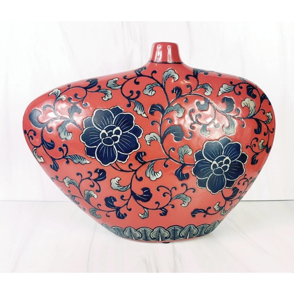 VINTAGE Lopsided Navy,  Gray & Red Floral Abstract Slim Ceramic Vase